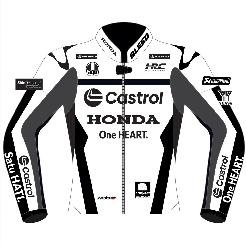 Joan Mir Castrol Honda HRC 2025 MotoGP test leather racing jacket front view in white and black with Castrol and Honda graphics