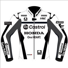 Joan Mir Castrol Honda HRC 2025 MotoGP test leather racing jacket front view in white and black with Castrol and Honda graphics