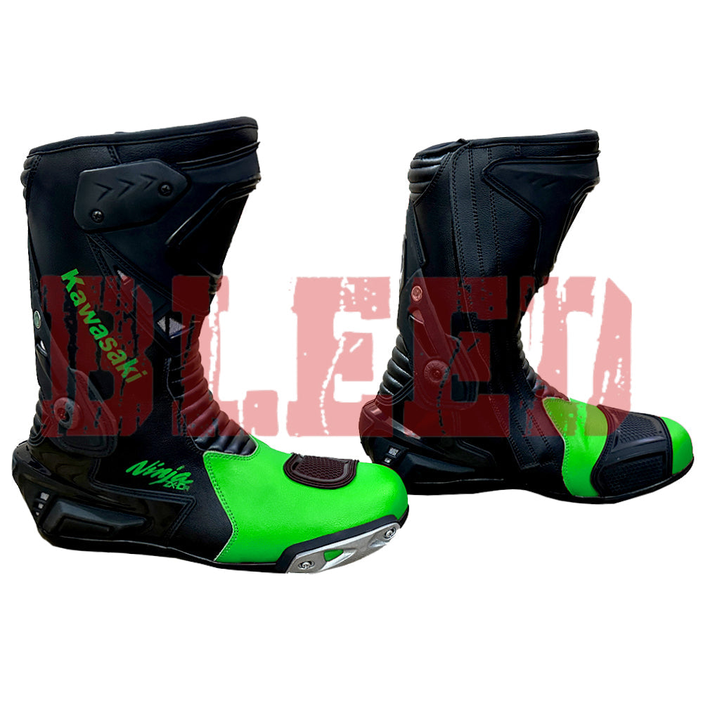 Kawasaki Ninja ZX-10R motorbike leather riding boots front view
