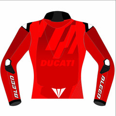 Marc Márquez Ducati 2025 MotoGP winter test leather racing jacket back view in red with black shoulder panels and elbow sliders