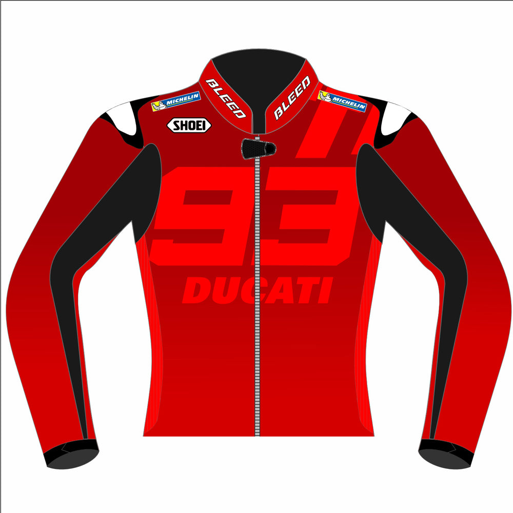 Marc Márquez Ducati 2025 MotoGP winter test leather racing jacket front view in red and black with number 93 chest graphic