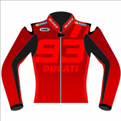 Marc Márquez Ducati 2025 MotoGP winter test leather racing jacket front view in red and black with number 93 chest graphic
