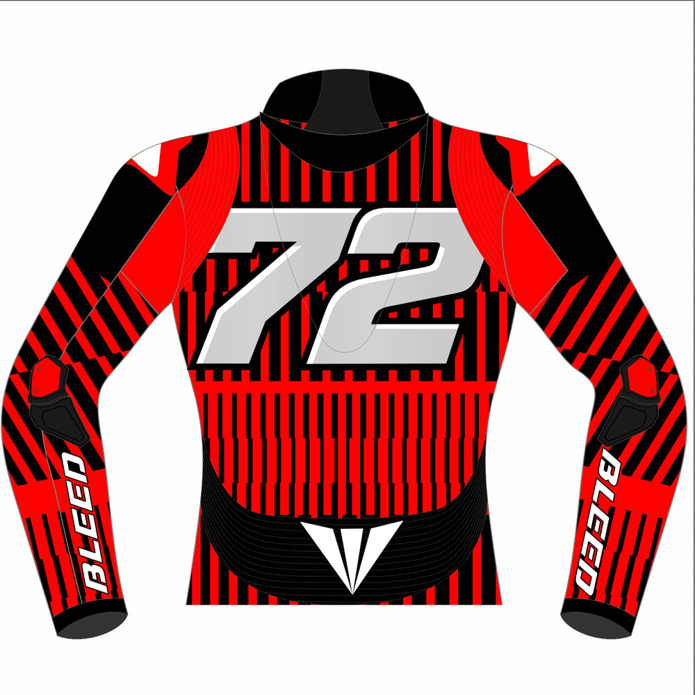 Marco Bezzecchi 2025 MotoGP Barcelona winter test leather racing jacket back view in red and black vertical stripes with large number 72