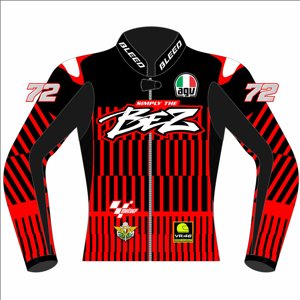 Marco Bezzecchi 2025 MotoGP Barcelona winter test leather racing jacket front view in red and black with number 72 and Simply the Bez graphic