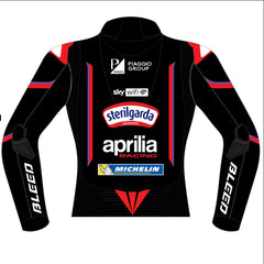 Marco Bezzecchi Aprilia Racing 2025 MotoGP leather racing jacket back view in black with red and purple accent lines and elbow sliders