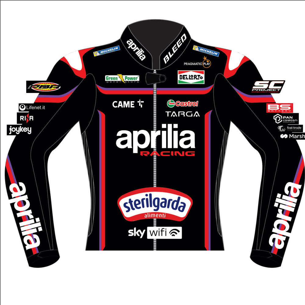 Marco Bezzecchi Aprilia Racing 2025 MotoGP leather racing jacket front view in black with red and purple accents and Aprilia Racing graphics