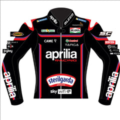 Marco Bezzecchi Aprilia Racing 2025 MotoGP leather racing jacket front view in black with red and purple accents and Aprilia Racing graphics