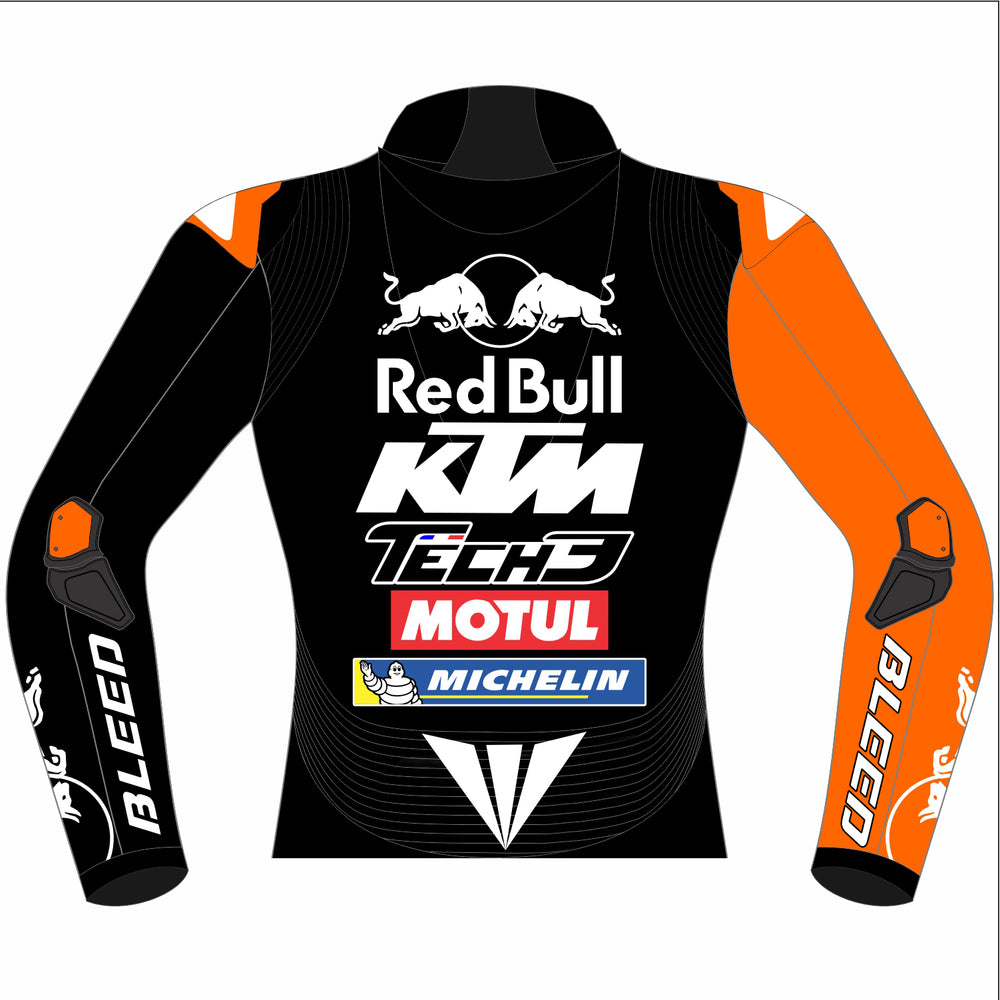 Maverick Viñales Red Bull KTM 2025 MotoGP winter test leather racing jacket back view in black and orange with orange sleeve and elbow slider