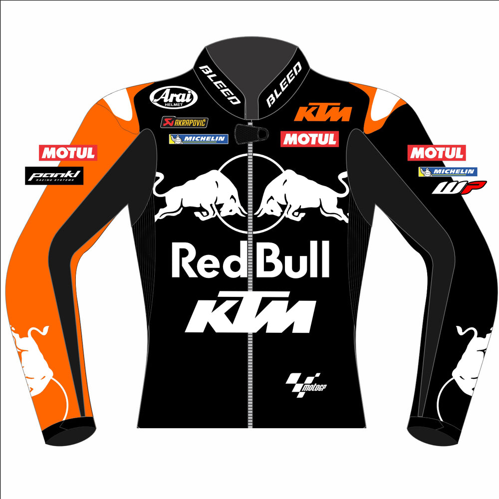 Maverick Viñales Red Bull KTM 2025 MotoGP winter test leather racing jacket front view in black and orange with white team graphics