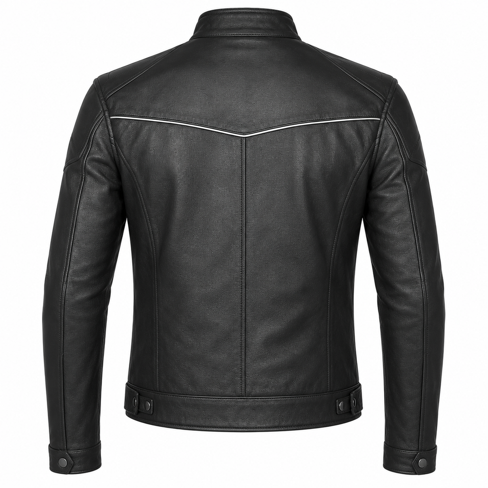 Back view of men's black café racer leather jacket with white chevron piping and snap waist adjustment tabs – Bleed Racing Gears