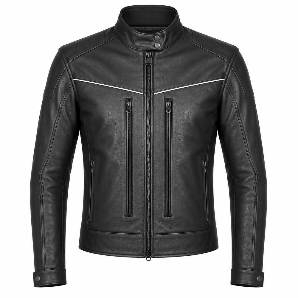 Men's black café racer leather jacket, slim fit, with white accent piping, stand band collar, and dual chest zip pockets – Bleed Racing Gears