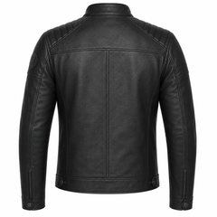 Men's black cowhide leather motorcycle jacket back view with quilted shoulder panels