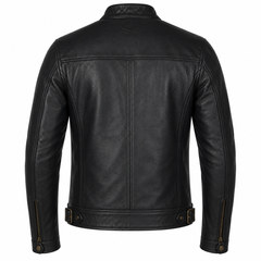 Men's black heritage rider cowhide leather motorcycle jacket back view with adjustable belt hem and brass cuff zippers