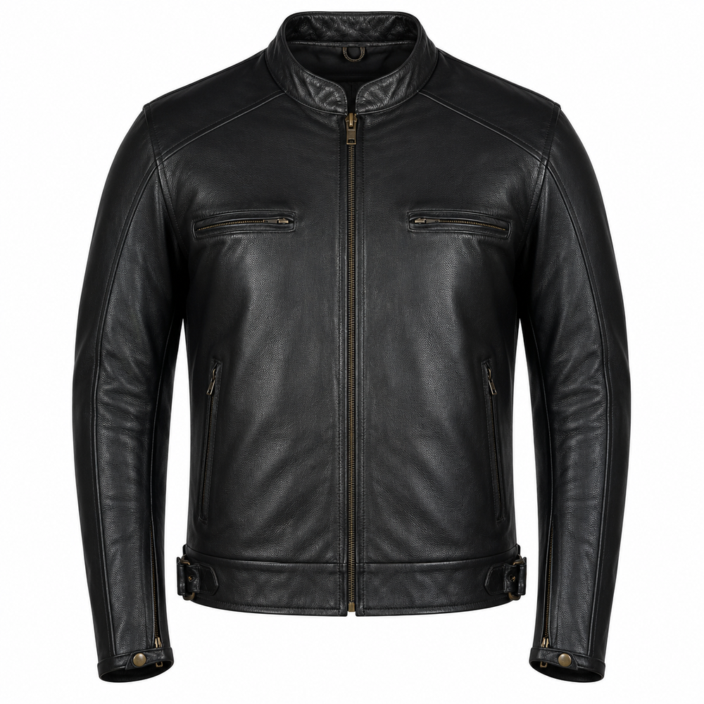 Men's black heritage rider cowhide leather motorcycle jacket front view with dual chest pockets and antique brass hardware