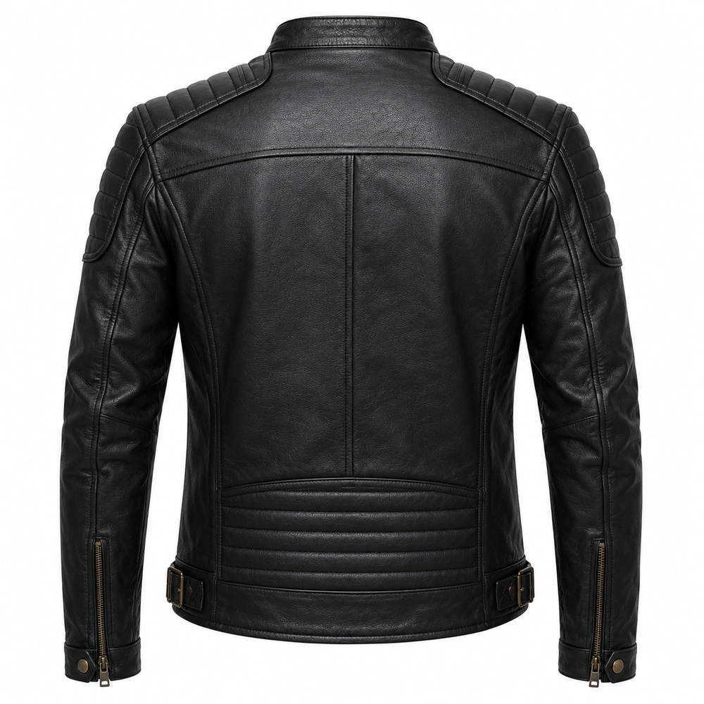 Men's black ribbed moto cowhide leather motorcycle jacket back view with quilted shoulders and adjustable belt hem