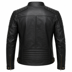 Men's black ribbed moto cowhide leather motorcycle jacket back view with quilted shoulders and adjustable belt hem