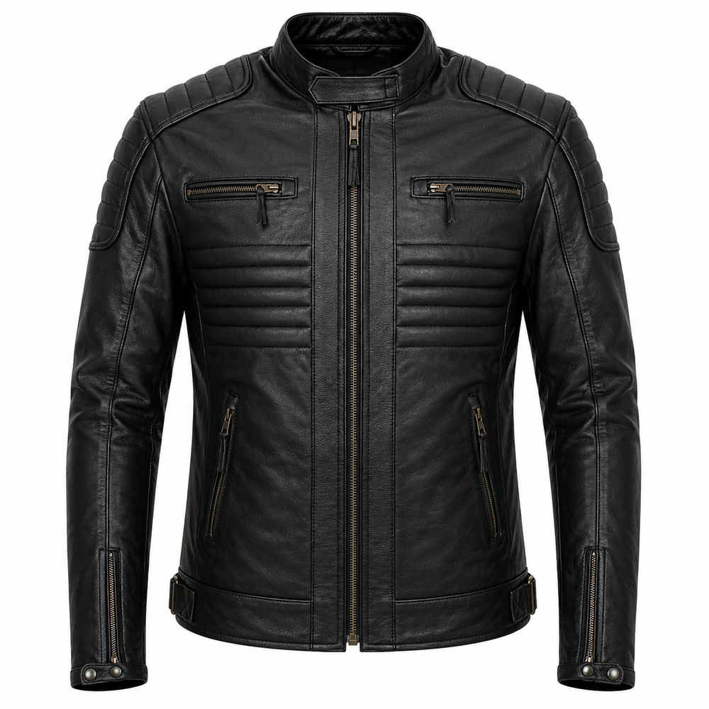 Men's black ribbed moto cowhide leather motorcycle jacket front view with horizontal chest ribbing and dual chest zip pockets