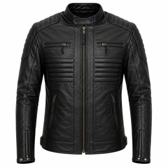 Men's black ribbed moto cowhide leather motorcycle jacket front view with horizontal chest ribbing and dual chest zip pockets