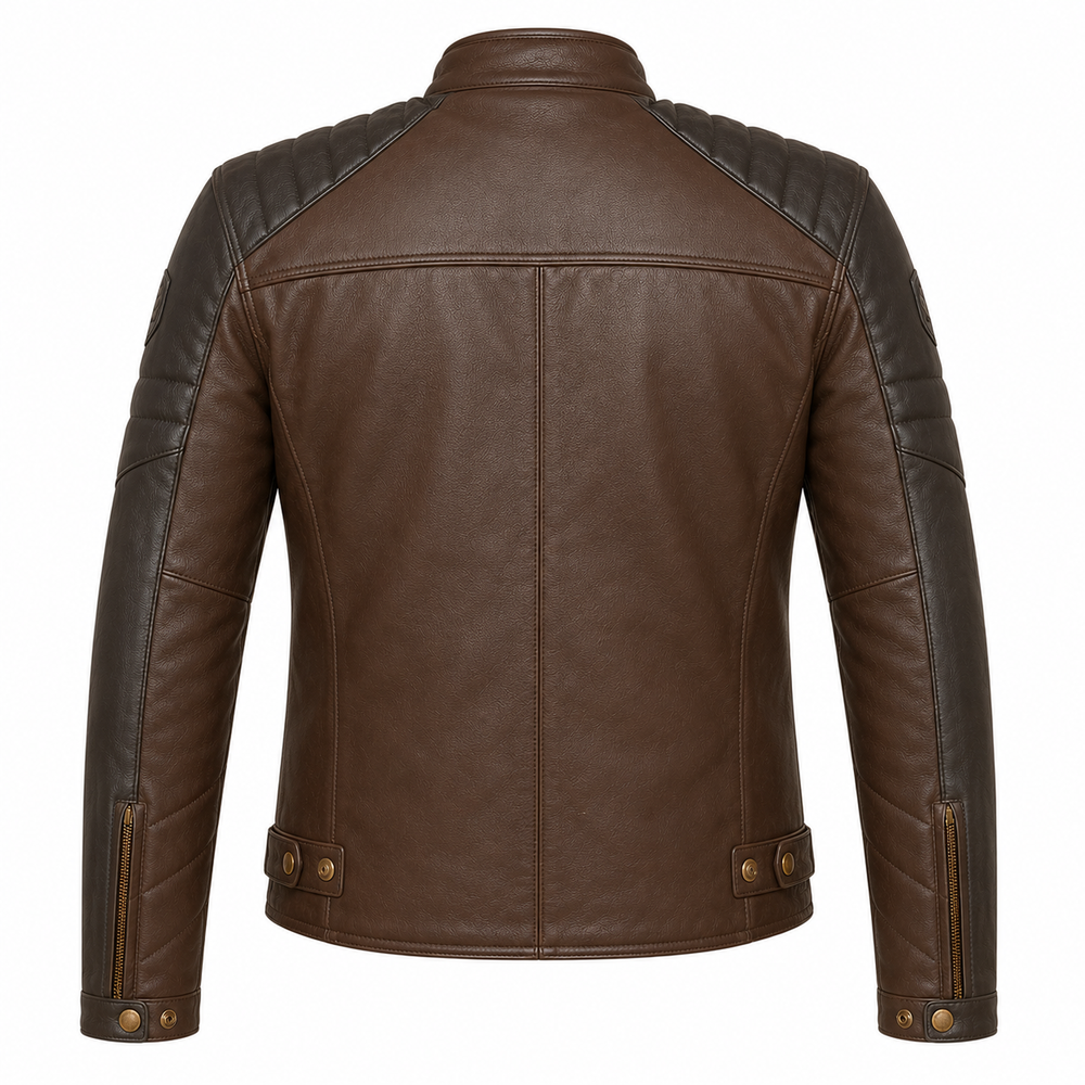 Men's brown and black two-tone cowhide leather motorcycle jacket back view with quilted shoulder panels and brass hardware