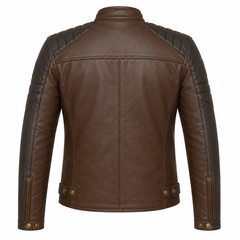 Men's brown and black two-tone cowhide leather motorcycle jacket back view with quilted shoulder panels and brass hardware