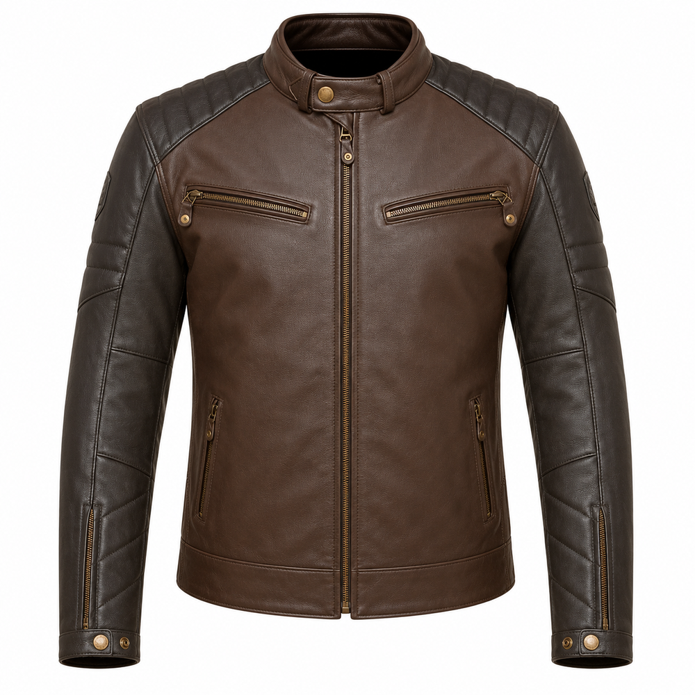 Men's brown and black two-tone cowhide leather motorcycle jacket front view with quilted arm panels and dual chest zip pockets