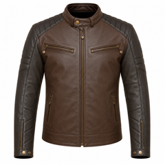 Men's brown and black two-tone cowhide leather motorcycle jacket front view with quilted arm panels and dual chest zip pockets
