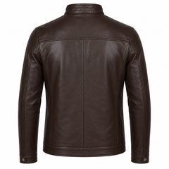 Men's brown cowhide leather motorcycle jacket back view with clean panel stitching and snap button cuffs