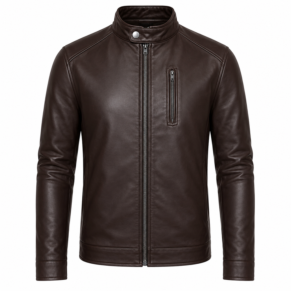 Men's brown cowhide leather motorcycle jacket front view classic rider style with chest zip pocket and band collar