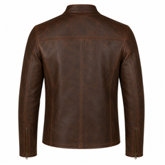 Men's brown vintage café racer cowhide leather motorcycle jacket back view with clean panel stitching and brass cuff zippers