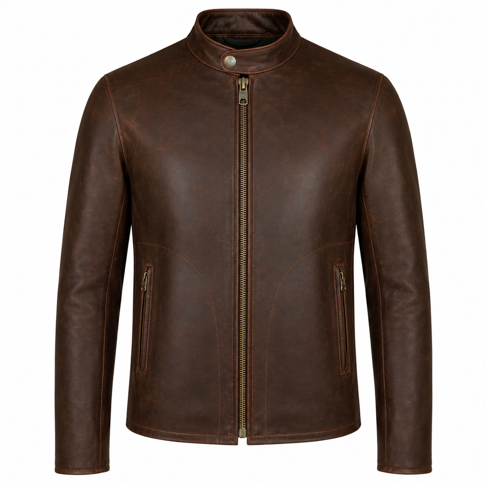 Men's brown vintage café racer cowhide leather motorcycle jacket front view with antique brass zipper and two hand pockets