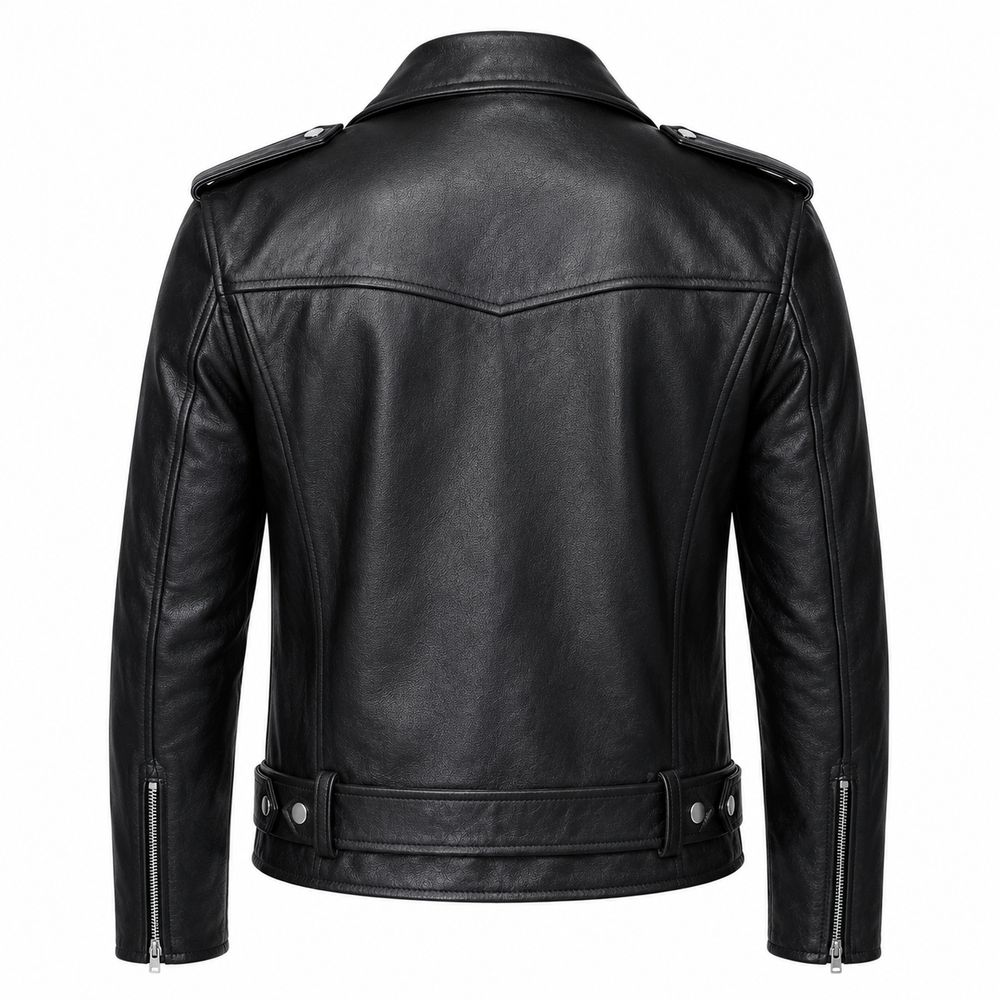 Men's classic Perfecto cowhide leather biker jacket back view with V-panel stitching and waist belt