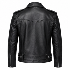 Men's classic Perfecto cowhide leather biker jacket back view with V-panel stitching and waist belt