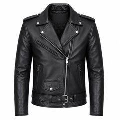 Men's classic Perfecto cowhide leather biker jacket front view with asymmetric zip, wide lapels and waist belt
