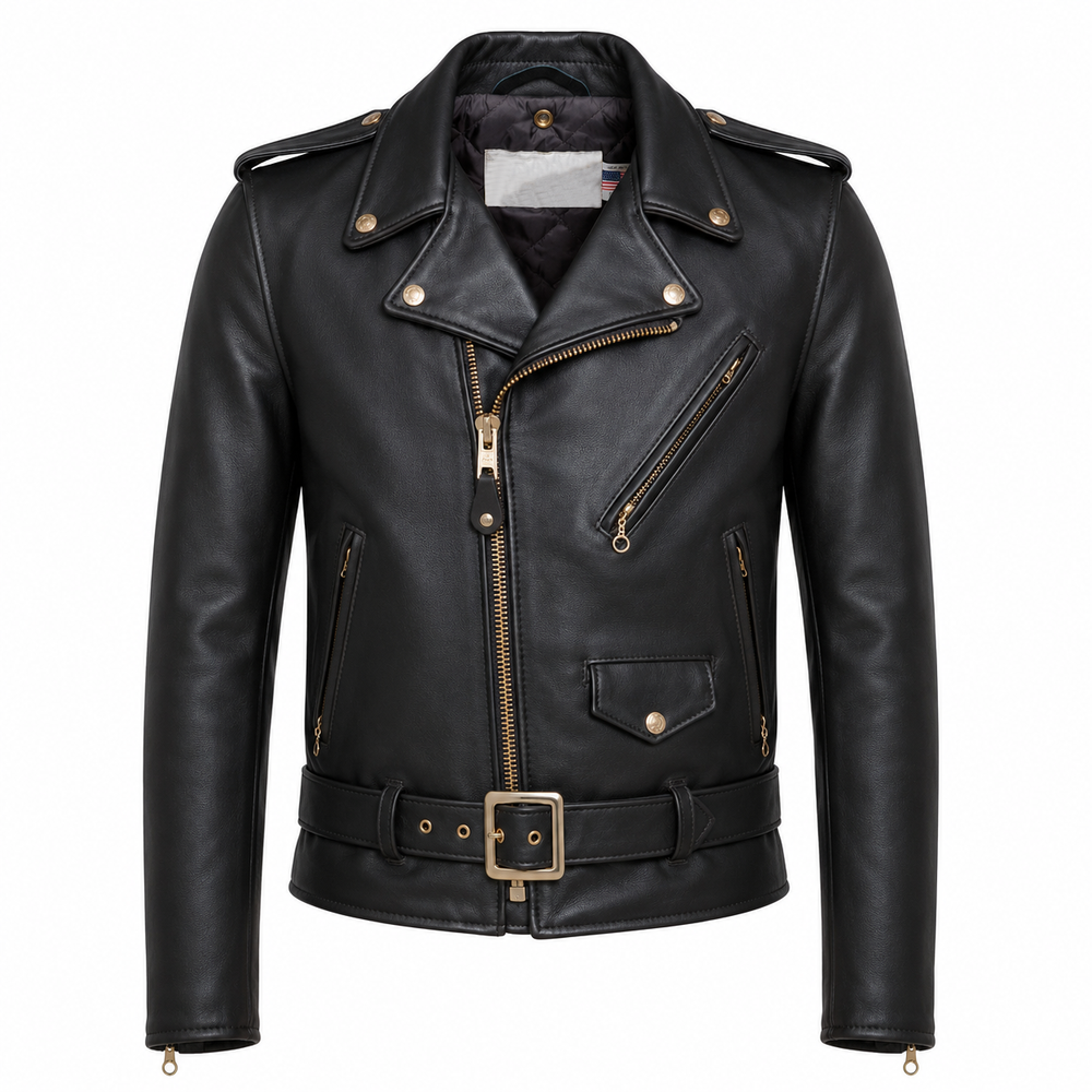 Men's gold edition Perfecto cowhide leather biker jacket front view with gold brass hardware asymmetric zip and waist belt