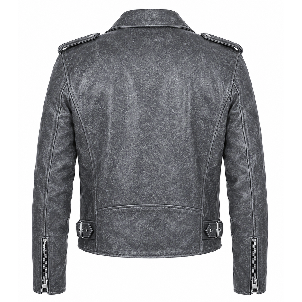 Men's grey distressed cowhide leather biker jacket back view with crackled vintage finish and adjustable belt hem