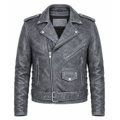 Men's grey distressed cowhide leather biker jacket front view with asymmetric zip side lace detailing and waist belt