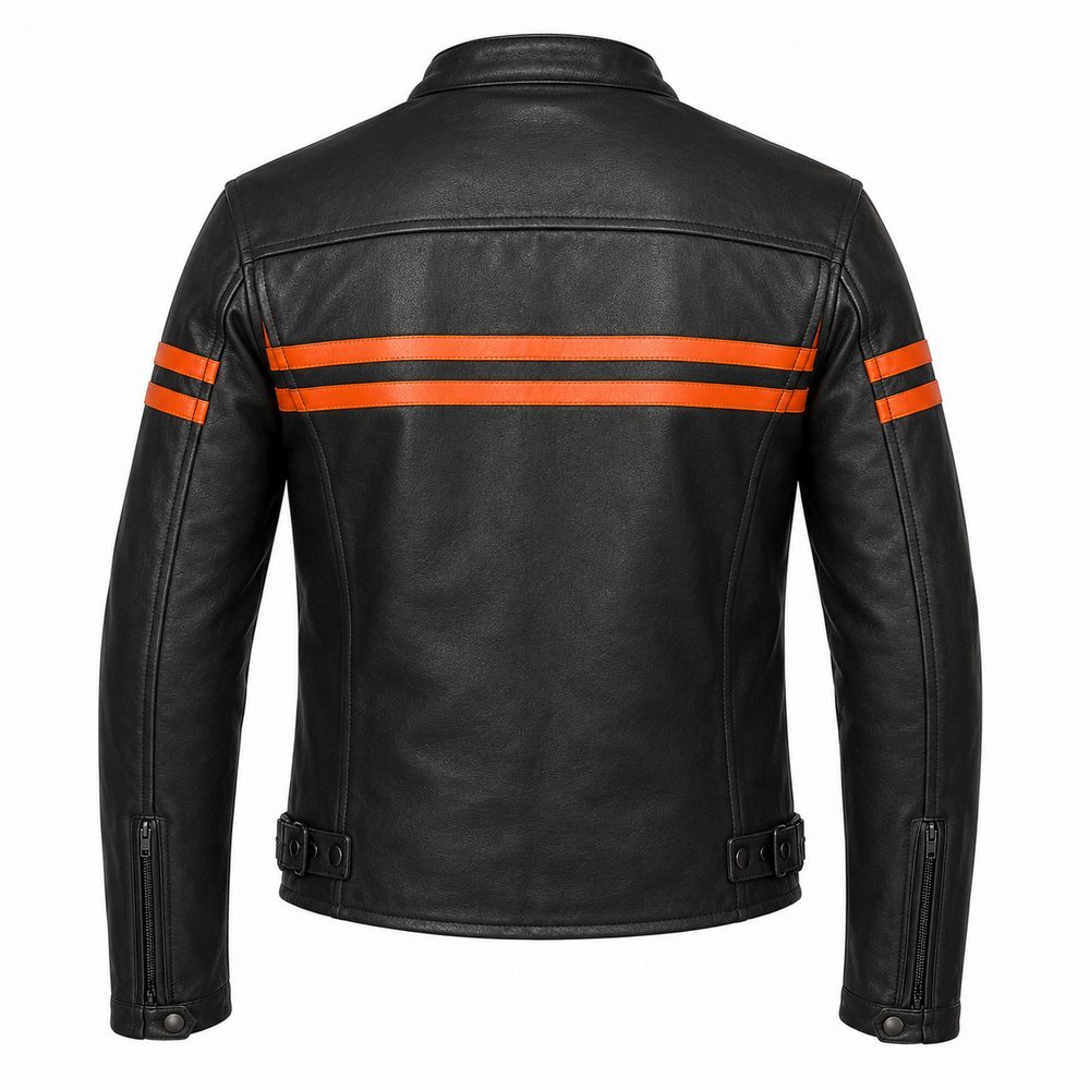 Men's Iron Stripe black and orange cowhide leather motorcycle jacket back view with orange stripes and adjustable belt hem