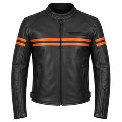 Men's Iron Stripe black and orange cowhide leather motorcycle jacket front view with double chest stripes