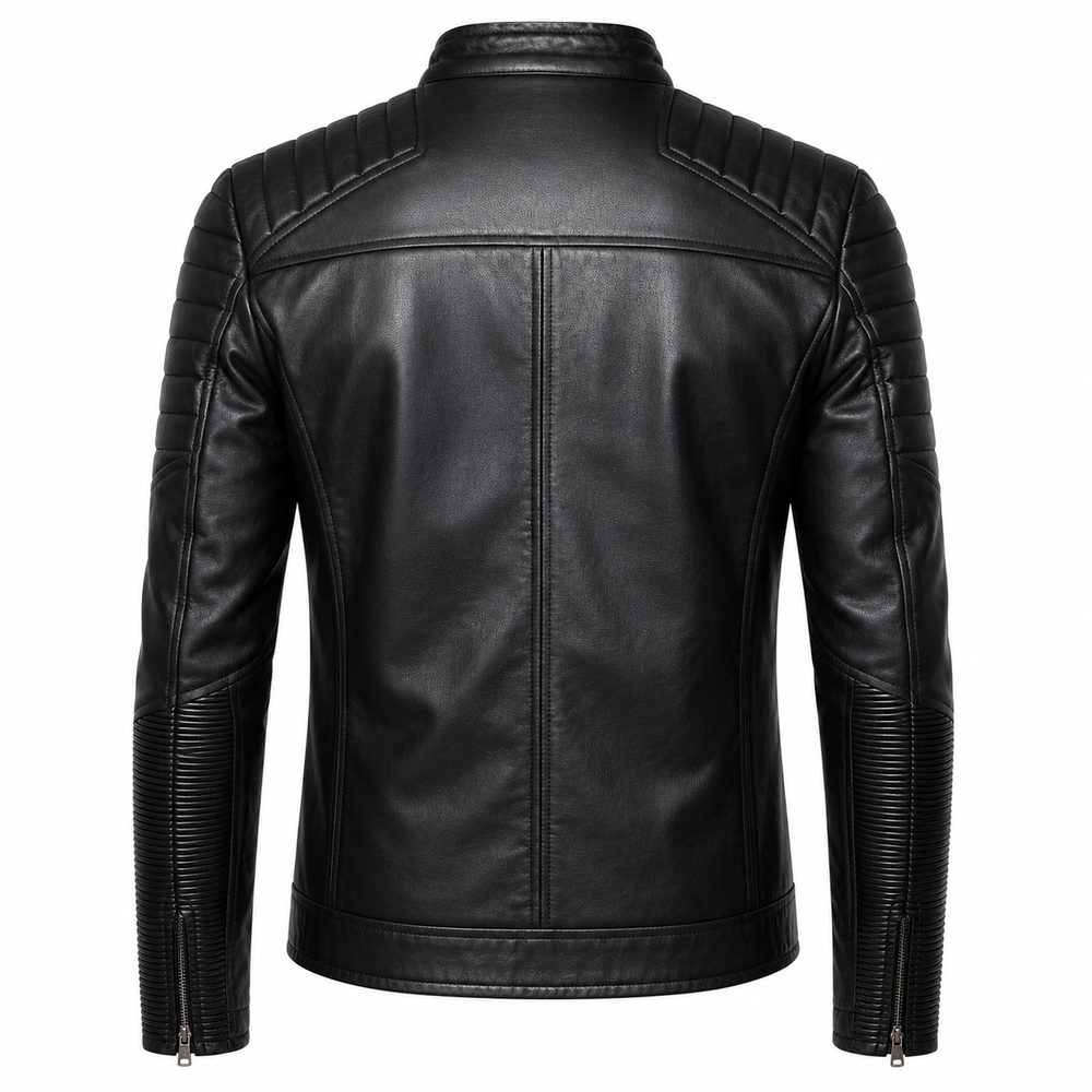 Men's night rider black cowhide leather motorcycle jacket back view with quilted shoulders and ribbed elbow panels