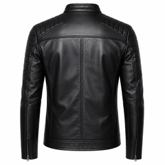 Men's night rider black cowhide leather motorcycle jacket back view with quilted shoulders and ribbed elbow panels