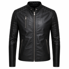 Men's night rider black cowhide leather motorcycle jacket front view with ribbed arm panels and chest zip pocket