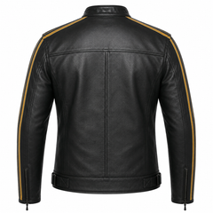 Men's road racer black and gold stripe cowhide leather motorcycle jacket back view with gold racing stripes