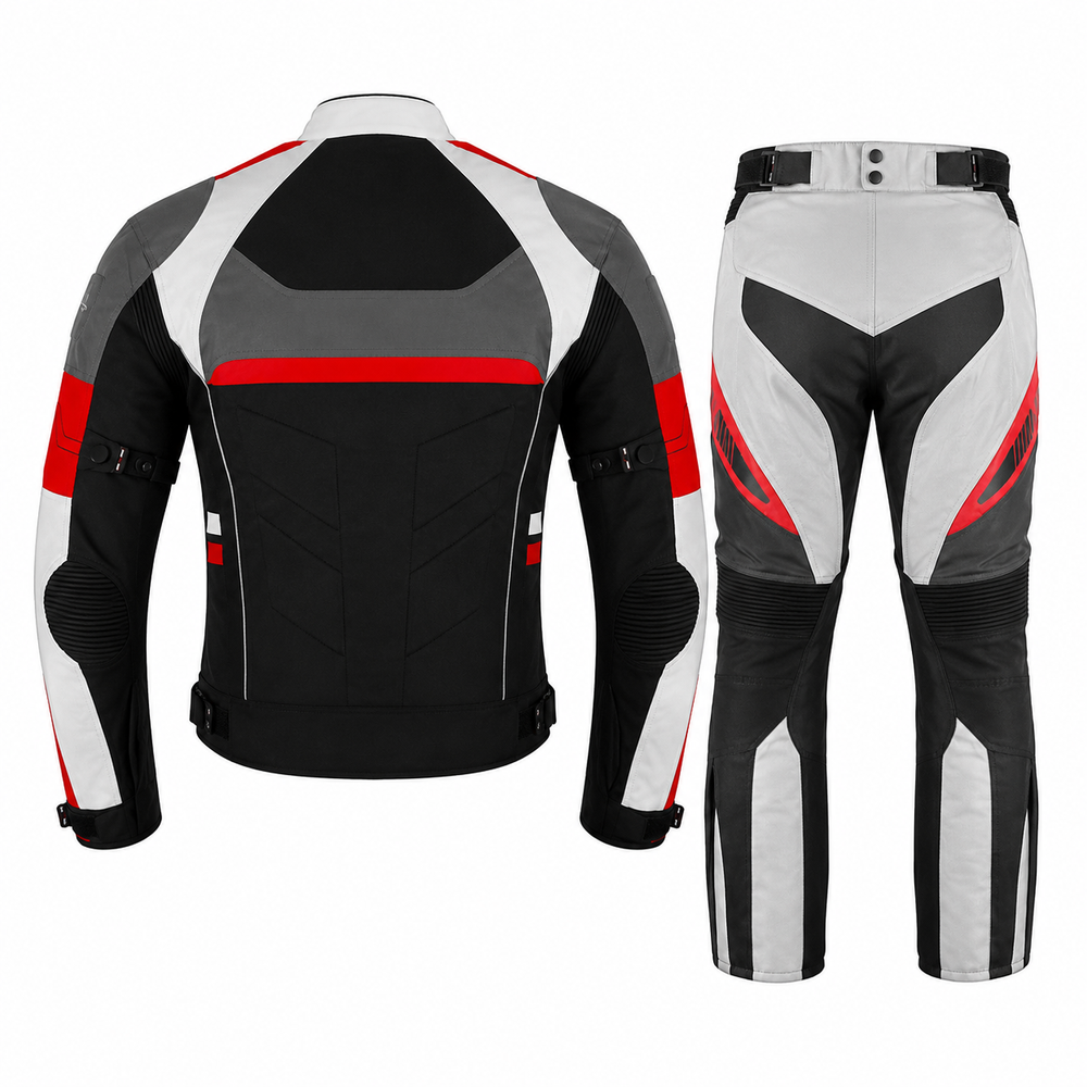 Men's textile motorcycle riding suit back view in red, grey and black with reflective panels and CE armor