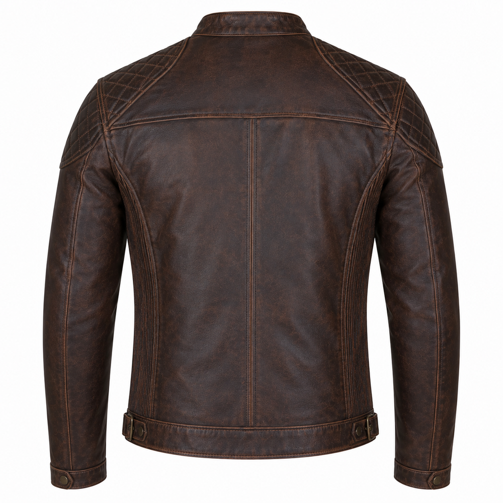 Men's vintage distressed brown cowhide leather motorcycle jacket back view with diamond quilted shoulders and adjustable belt hem