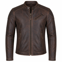 Men's vintage distressed brown cowhide leather motorcycle jacket front view with diamond quilted shoulders and antique brass zippers