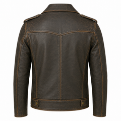 Men's vintage distressed brown Perfecto cowhide leather biker jacket back view with V-panel stitching and distressed finish