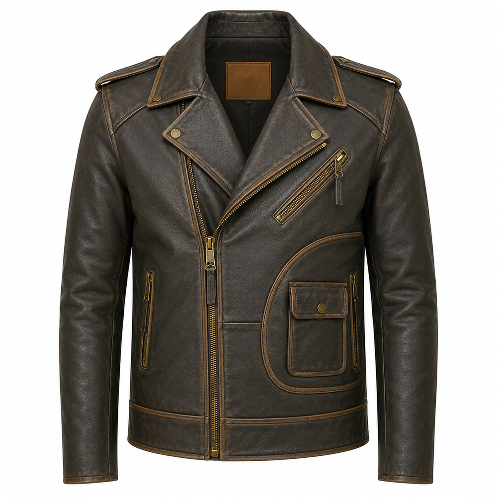 Men's vintage distressed brown Perfecto cowhide leather biker jacket front view with antique brass hardware and asymmetric zip