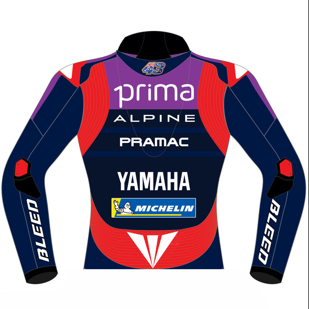 Back of Miguel Oliveira Pramac Yamaha 2025 leather racing jacket showing number 43, red side panels and blue lower back