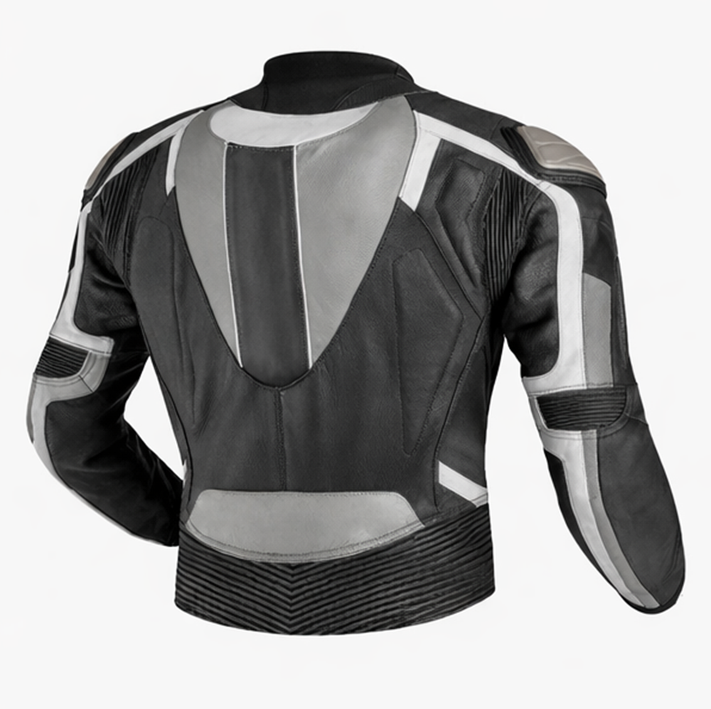 rear view of black grey riding jacket with structured panels and ventilation zones