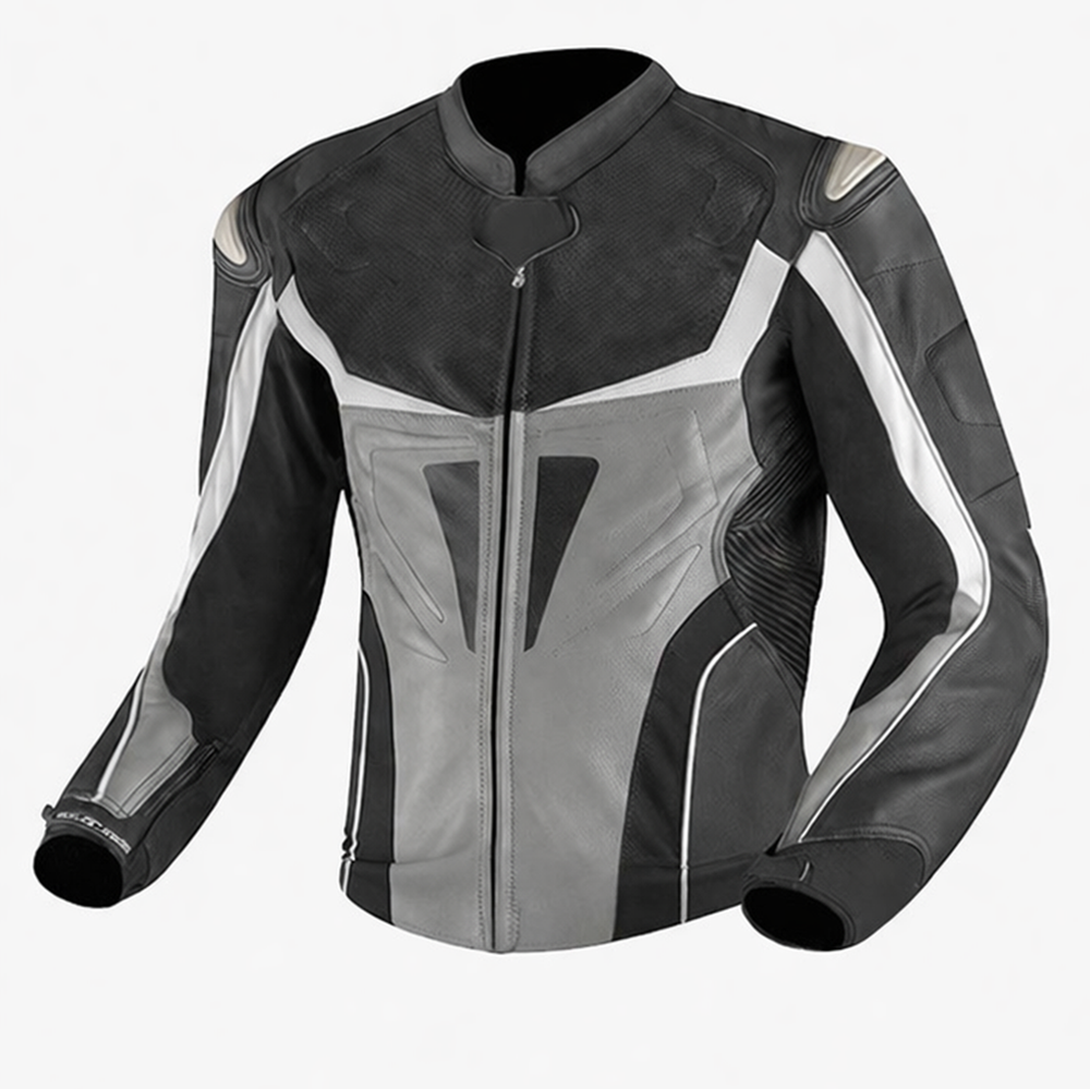 black and grey motorcycle leather jacket front view with modern sport design